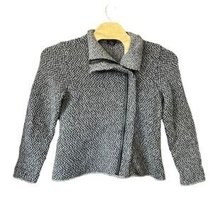 Eileen Fisher Wool Alpaca Gray Chevron Leather Trim Wrap Jacket Womens‎ L